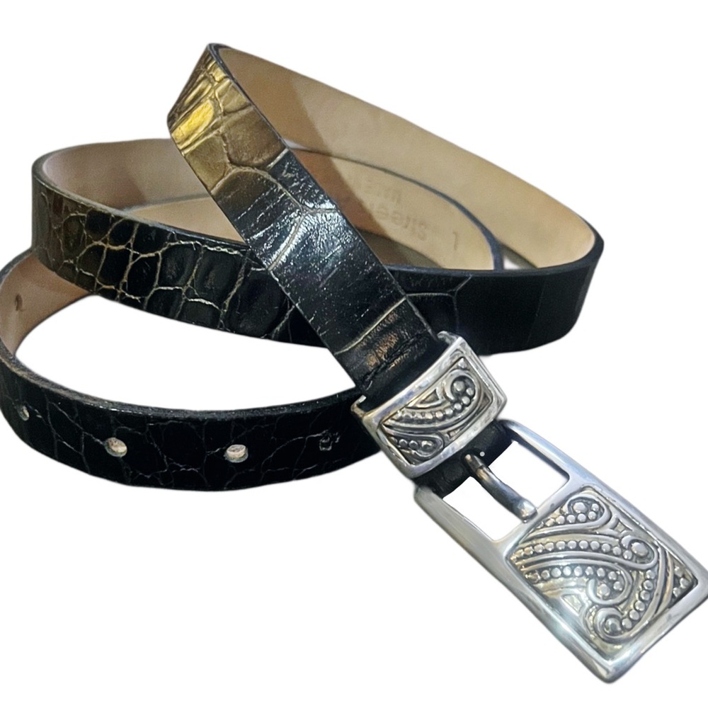 Streets Ahead Black Croc-Embossed Leather Belt with Silver Buckle Sz L